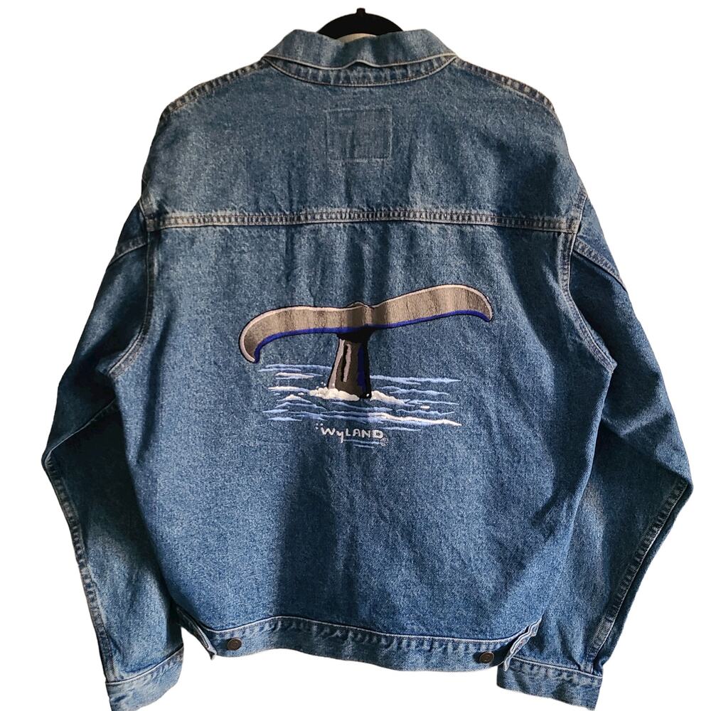 WYLAND STUDIOS‎ Vintage 1990s Embroidered Whale Tale Denim Trucker Jacket Large